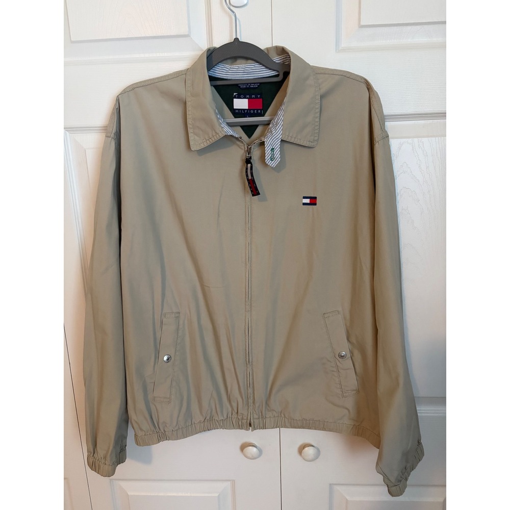 Tommy Hilfiger Mens Harrington Jacket Tan Khaki Full Zip Windbreaker Large